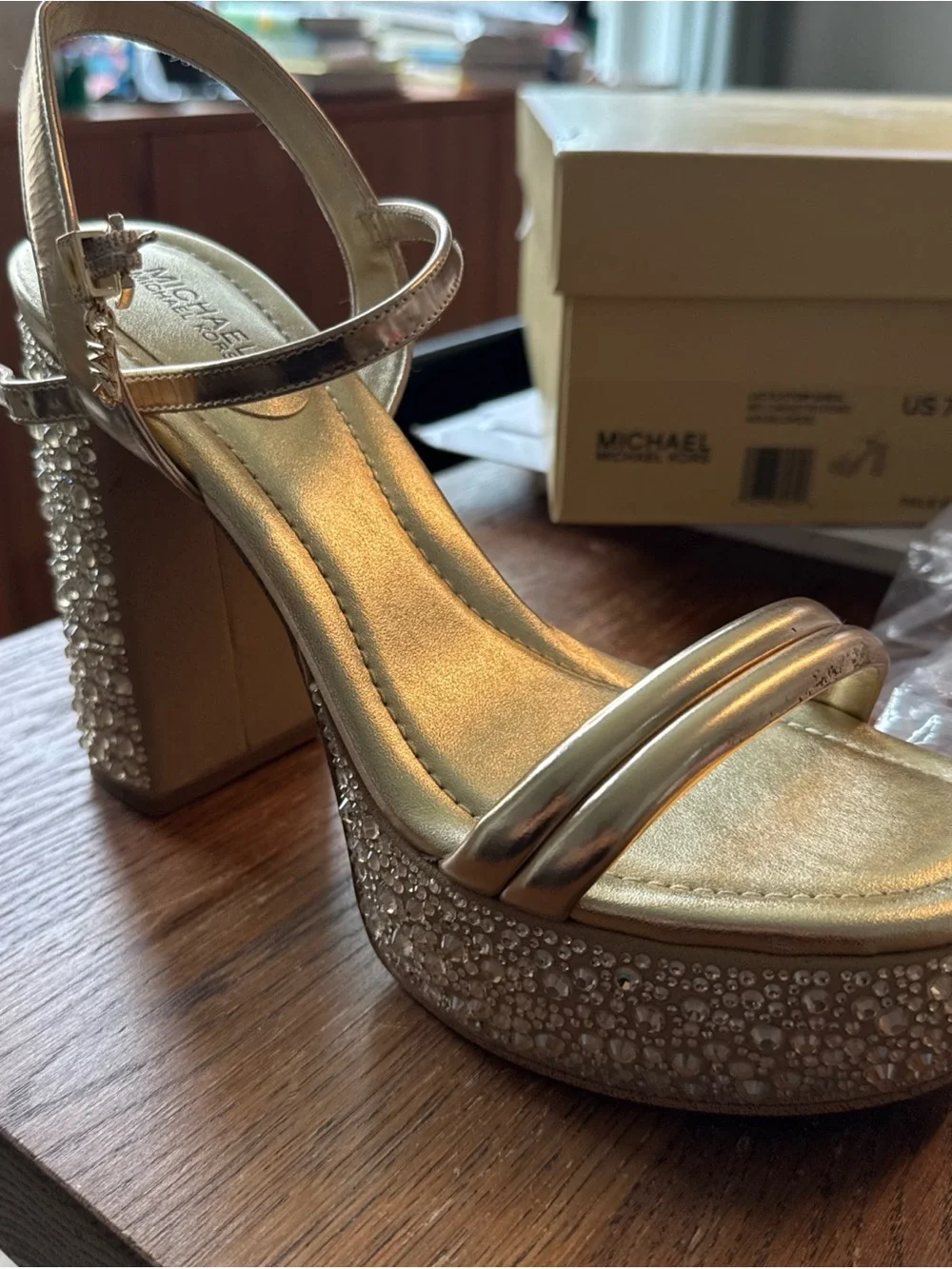 Michael Kors Metallic Gold Crystal Platform Sandals